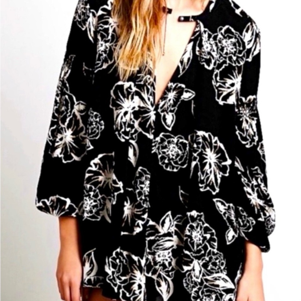 Free People Snap Out of It Black Cream Floral Sz S Tunic Dress Long Sleeve$298